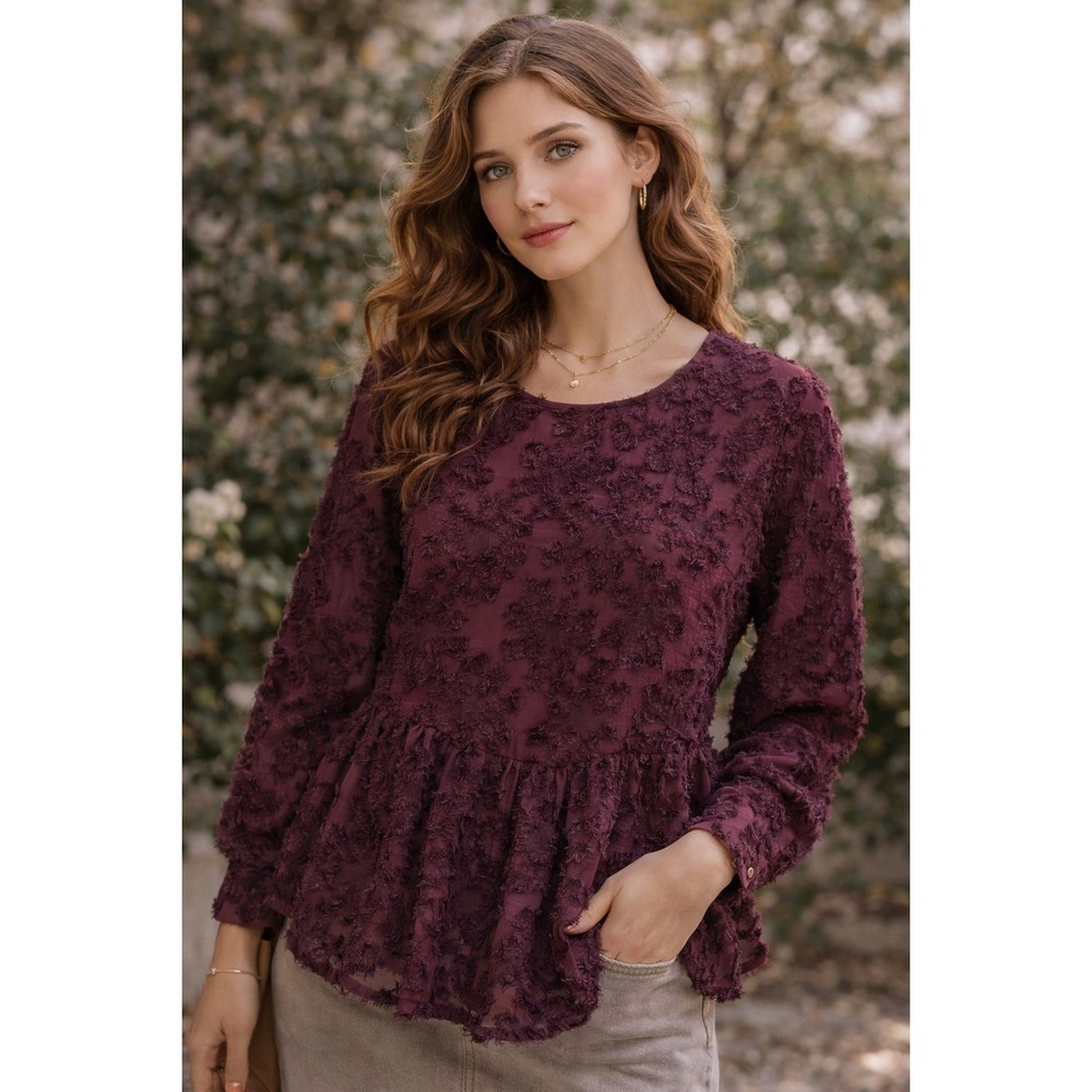 Altar'd State Textured Floral Peplum Blouse Tie Back Plum Romantic Cottagecore S